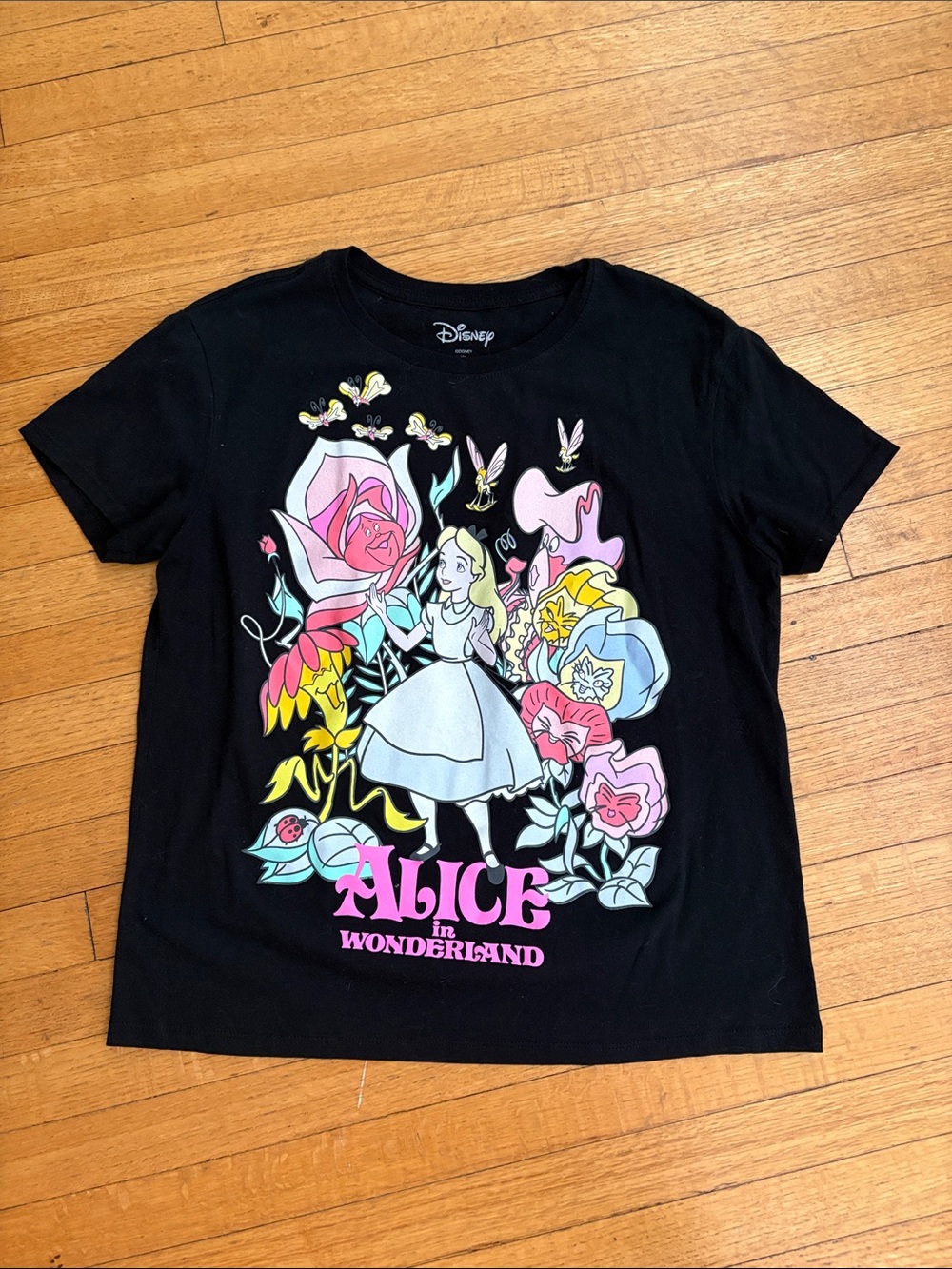 Disney Black Alice in Wonderland Floral Graphic Tee with Pastel Accents